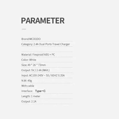 شارژر 2 پورت 12 وات با کابل تایپ سی مک دودو مدل Mcdodo Dual USB Output Type-C Cable CH-3972