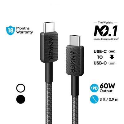 کابل تایپ سی به تایپ سی 60 وات روکش کنفی انکر مدل Anker 322 USB-C A81F5 طول 0.9 متر