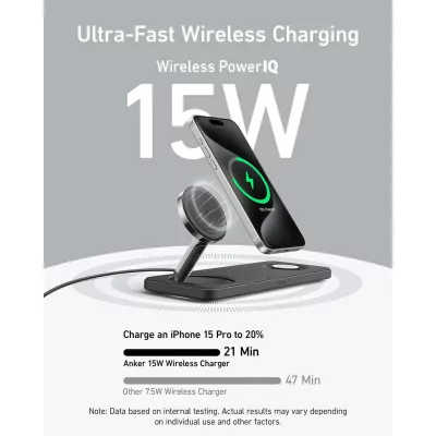 شارژر بی سیم مگ سیف رومیزی 3 کاره با کابل و آداپتور 40 وات انکر Anker MagGo Wireless Charging Station (3-in-1 Pad)