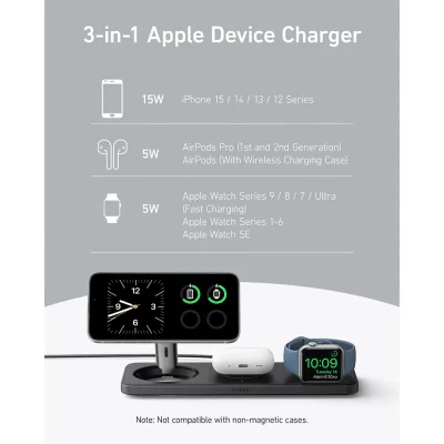 شارژر بی سیم مگ سیف رومیزی 3 کاره با کابل و آداپتور 40 وات انکر Anker MagGo Wireless Charging Station (3-in-1 Pad)