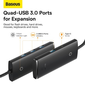 هاب 4 پورت یو‌اس‌بی بیسوس مدل Lite Series 4-Port USB-A Hub WKQX030001