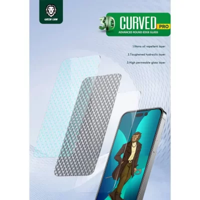 گلس محافظ صفحه شفاف آیفون 14 پرو مکس گرین Green iPhone 14 Pro Max Curved Pro Clear Edge Full Glass