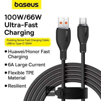 کابل یو اس بی به تایپ‌ سی 100 وات 6 آمپر سوپر فست شارژ باسئوس Baseus Pudding Series 100W 6A USB-A To USB-C طول 1.2 متر