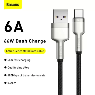 کابل یو اس بی به تایپ‌ سی 66 وات 6 آمپر فست شارژ باسئوس Baseus Cafule Series 66W 6A USB-A To USB-C طول 1 متر