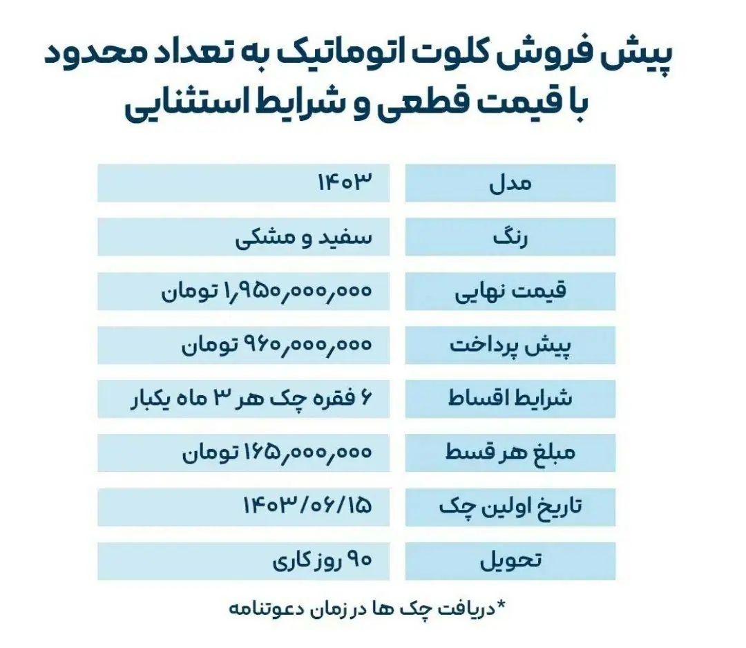 شرایط فروش اقساطی کلوت اتوماتیک ویژه عید سعید فطر