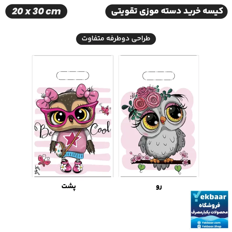 نایلون کیسه دسته دار خرید فروشگاهی طرح جغد بامزه سایز 30 × 20 بسته 50 عددی