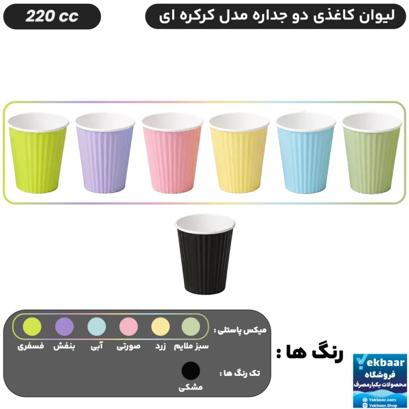 لیوان کاغذی دوجداره سایز 220 سی‌سی مدل کرکره ای یکبار مصرف