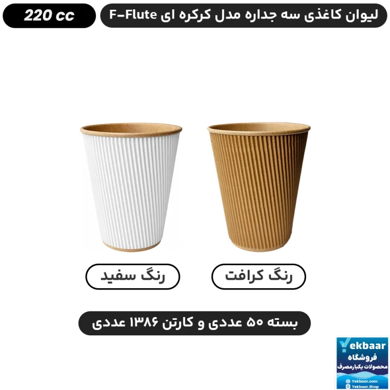 لیوان کاغذی سه جداره اف فلوت مدل کرکره ای کرافت 220 سی سی - کالای صادراتی