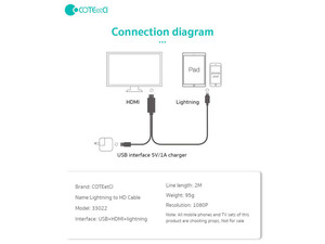 قیمت کابل چند سر اچ دی ام آی به لایتنینگ و یو اس بی 2 متری کوتتسی Coteetci HDMI to Lightning USB Cable 33022