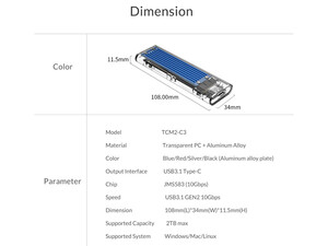 باکس هارد اس اس دی اوریکو ORICO TCM2-C3 NVMe M.2 SSD Enclosure 10Gbps