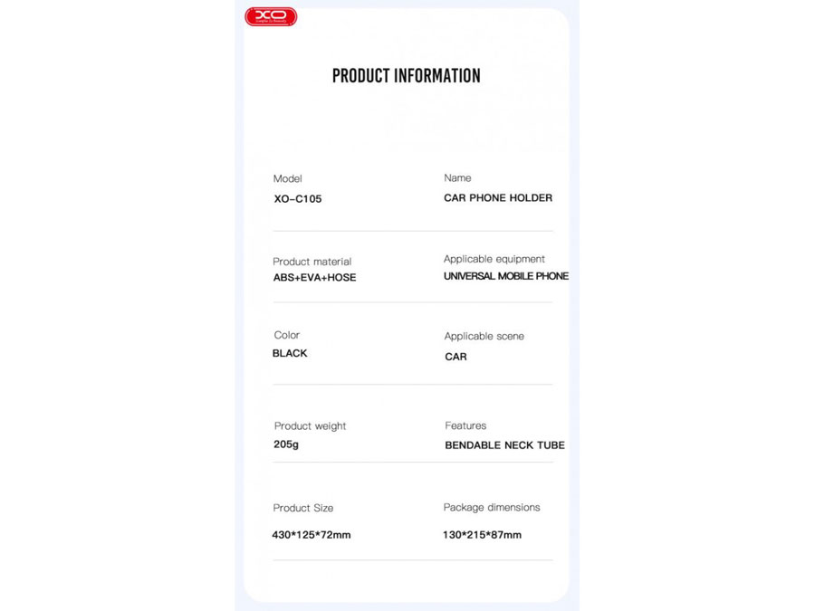 هولدر گوشی موبایل جالیوانی خودرو بازو بلند ایکس او XO C105 Holder Bendable height 38cm