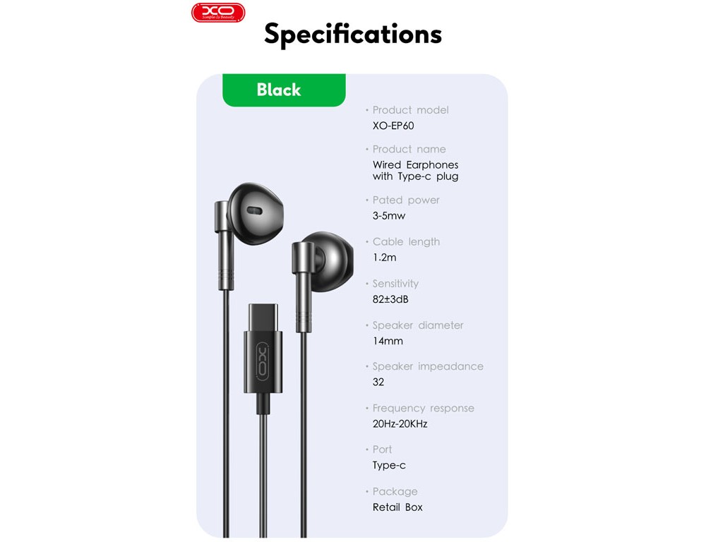 هندزفری سیمی تایپ سی ایکس او XO wired earphones EP60 Type-C