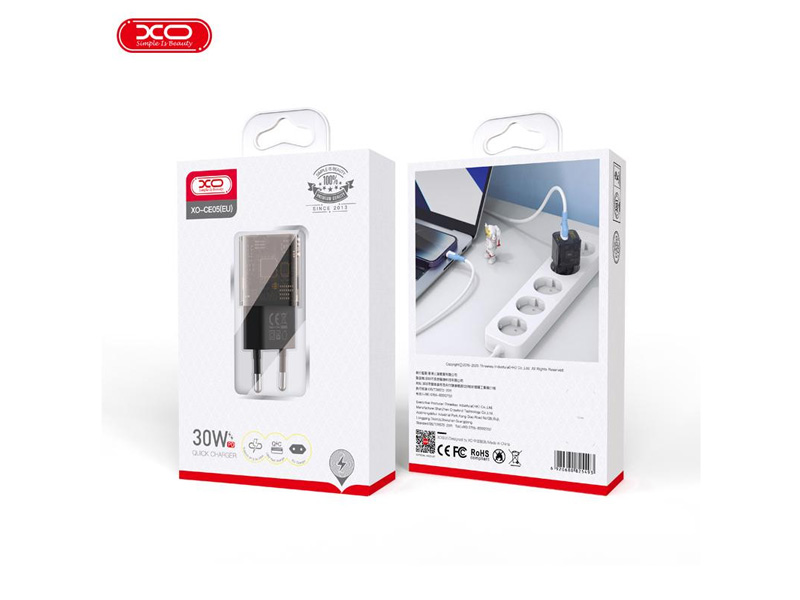 شارژر دیواری تایپ سی و یو اس بی 30 وات ایکس او XO CE05(EU) PD30W+QC3.0 18W fast charger