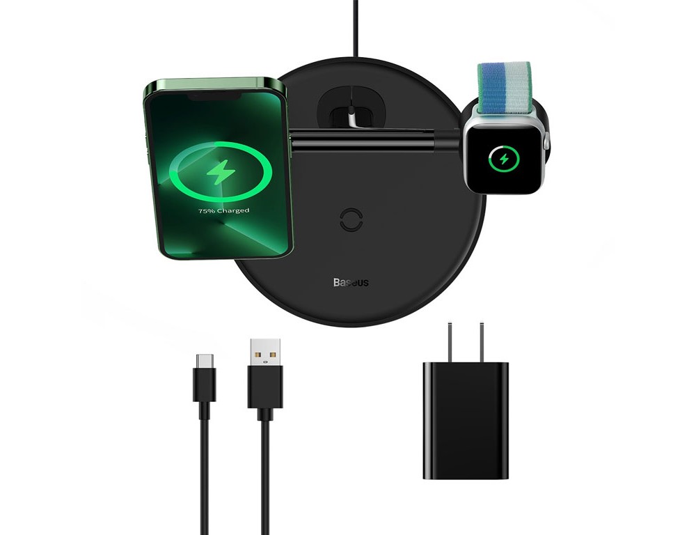 شارژر بی سیم مگنتی رومیزی آیفون 20 وات و پایه نگهدارنده موبایل 3 در 1 بیسوس Baseus Swan 3-in-1 Wireless Magnetic Charging Bracket 20W WXTE000001