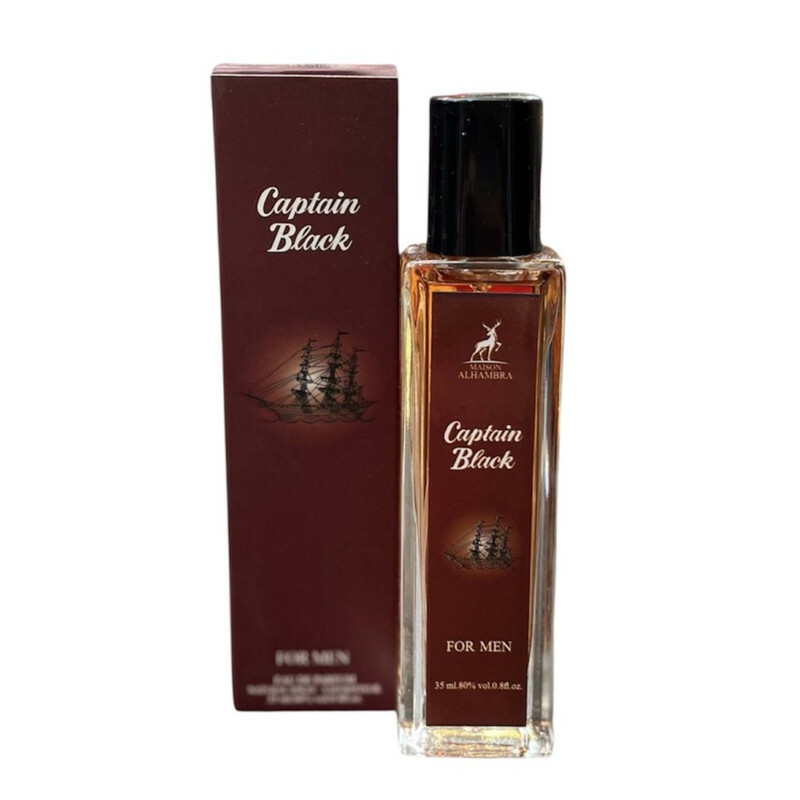 عطر جیبی مردانه الحمبرا مدل Capitan Black با رایحه گرم، تند، تلخ، چوبی حجم ۳۵ میلی‌لیتر