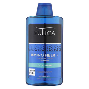شامپو تقویت‌کننده مو فولیکا مخصوص موهای کم‌حجم و نازک، حجم 400 میلی‌لیتر مدل Amino Fiber، حاوی ویتامین‌های B7 و B6، بدون سولفات، برطرف‌کننده وز مو، آبرسان، محکم‌کننده، حاوی عصاره‌های سبوس برنج، رزماری
