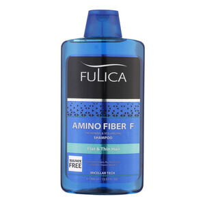 شامپو تقویت‌کننده مو فولیکا مخصوص موهای کم‌حجم و نازک، حجم 400 میلی‌لیتر مدل Amino Fiber، حاوی ویتامین‌های B7 و B6، بدون سولفات، برطرف‌کننده وز مو، آبرسان، محکم‌کننده، حاوی عصاره‌های سبوس برنج، رزماری
