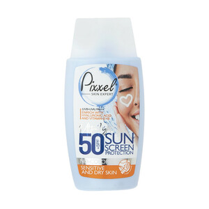 کرم ضدآفتاب بی‌رنگ پیکسل SPF50 مدل Sensitive، مناسب پوست‌های خشک و حساس، حجم 50 میلی‌لیتر