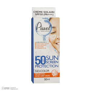 کرم ضدآفتاب بی‌رنگ پیکسل SPF50 مدل Sensitive، مناسب پوست‌های خشک و حساس، حجم 50 میلی‌لیتر