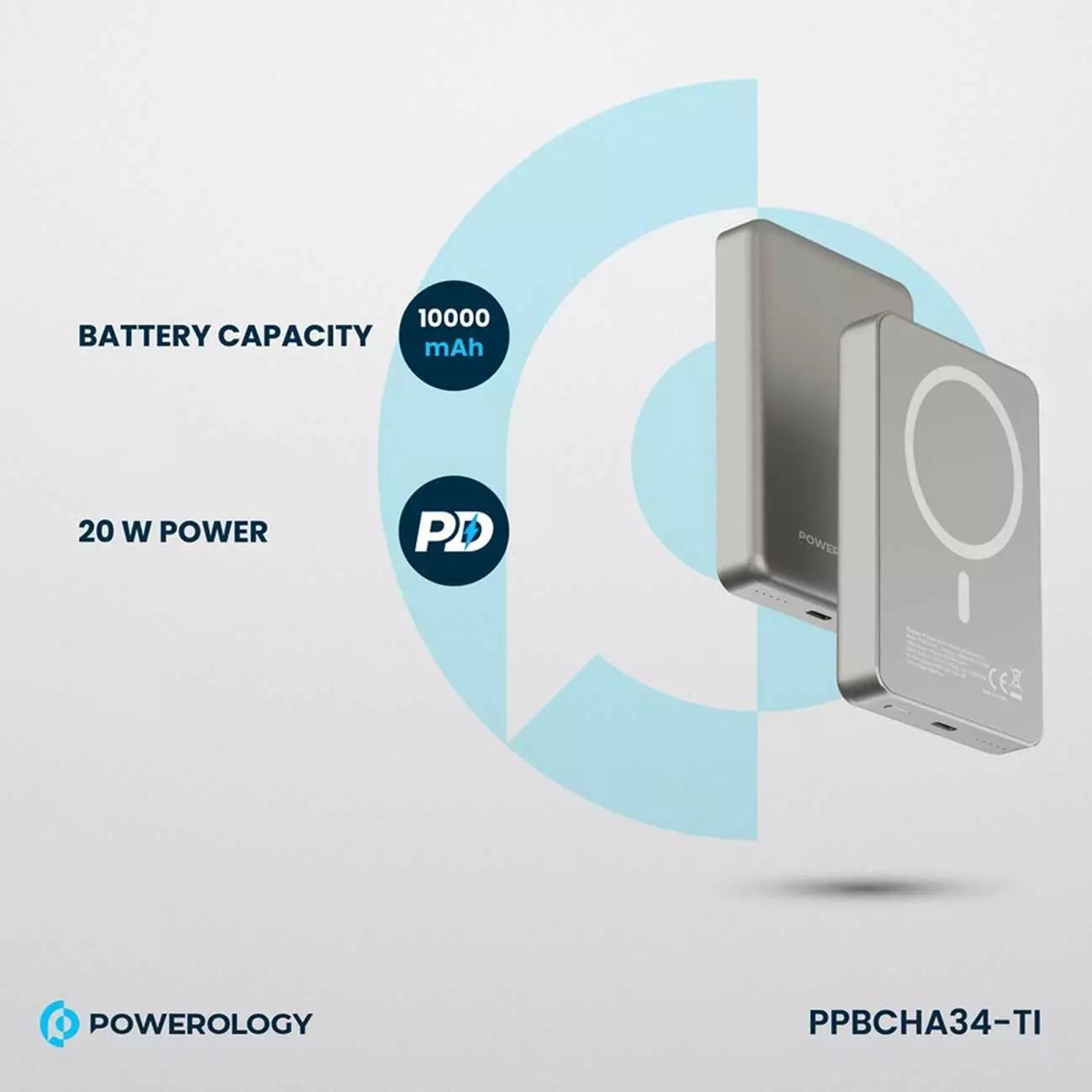 پاوربانک مگنتی 15 وات و تایپ سی 20 وات فست شارژ 10000 پاورولوژی PPBCHA34-GY