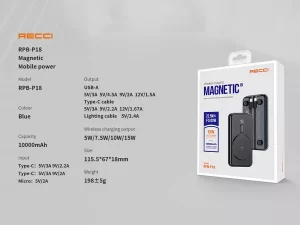 پاور بانک 10000 و شارژر وایرلس مغناطیسی رسی Recci 20W + 22.5W Magnetic Wireless Power Bank RPB-P18