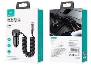 شارژر فندکی دوپورت تایپ سی و یو اس بی و کابل تایپ سی 60 وات یوسامز USAMS US-CC167 C33 Car Charger 60W with Spring Cable