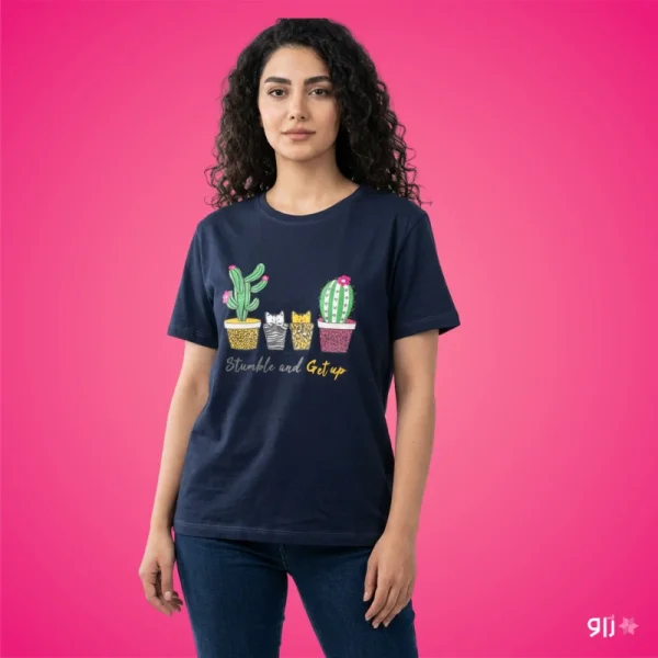 تیشرت زنانه باکسی طرح کاکتوس و گربه