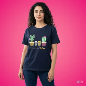 تیشرت زنانه باکسی طرح کاکتوس و گربه