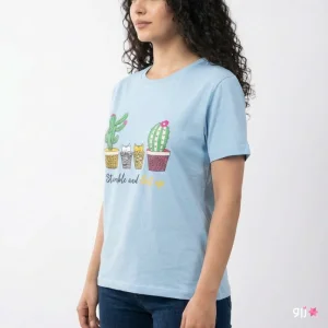 تیشرت زنانه باکسی طرح کاکتوس و گربه