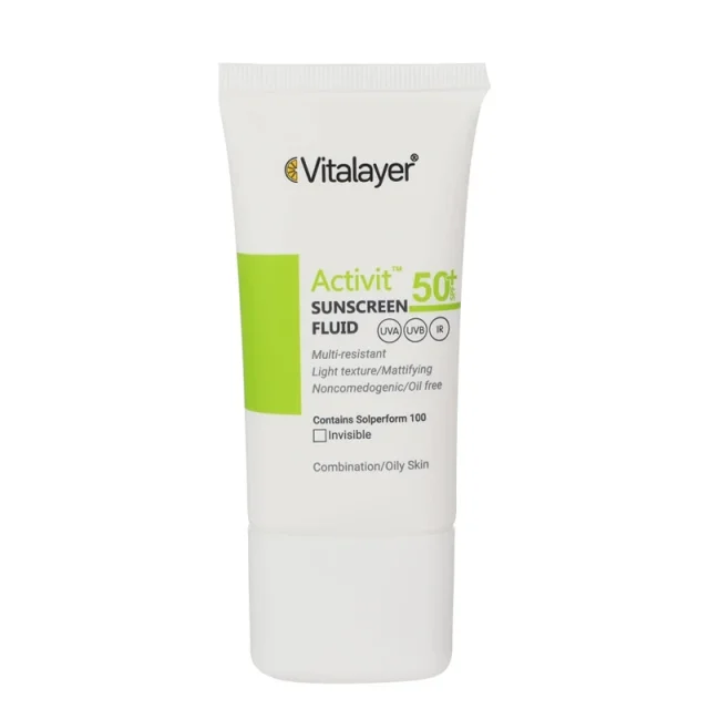 فلوئید ضدآفتاب بی‌رنگ ویتالیر SPF50 مدل اکتیویت مناسب پوست‌های مختلط و چرب حجم 50 میلی‌لیتر