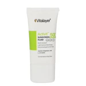 فلوئید ضدآفتاب بی‌رنگ ویتالیر SPF50 مدل اکتیویت مناسب پوست‌های مختلط و چرب حجم 50 میلی‌لیتر