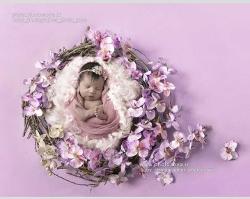 عکس نوزاد دختر در حلقه گل ارکیده